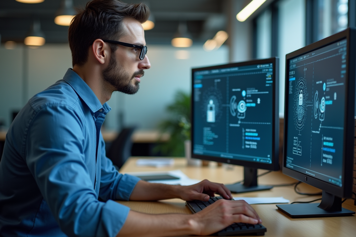 Homme professionnel IT regardant un diagramme réseau sécurisé