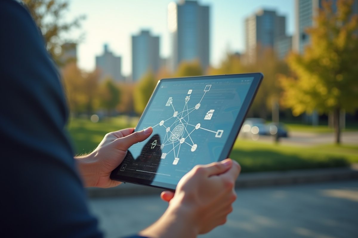 Professionnel marketing utilisant une tablette en extérieur