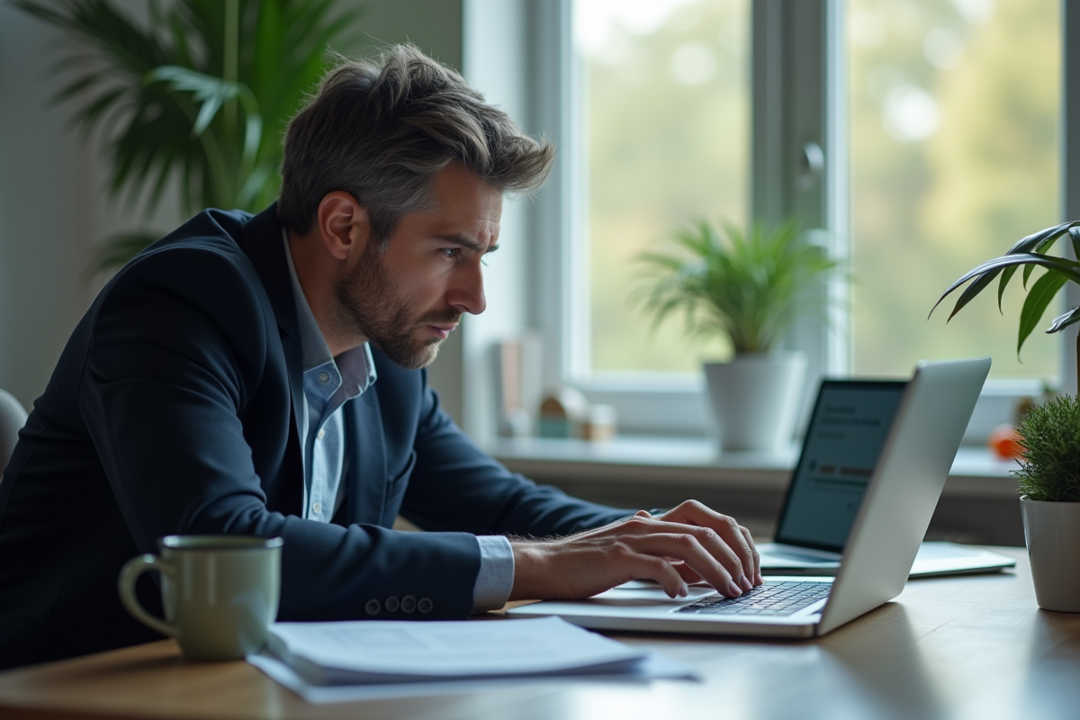 Professionnel regardant un ordinateur portable avec code erreur