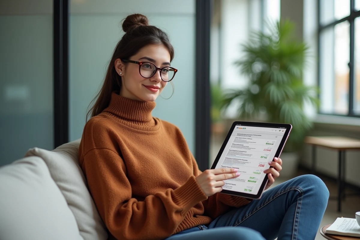 Jeune professionnelle consultant des résultats de référencement naturel sur une tablette dans un espace de coworking