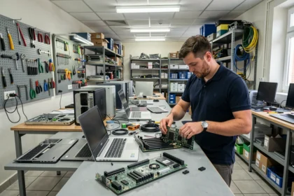 Atelier de réparation informatique professionnel dans les Hauts-de-Seine avec ordinateurs démontés et technicien au travail