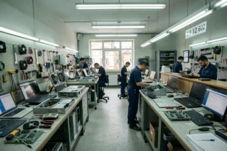 Atelier de réparation informatique professionnel dans l'Oise avec plusieurs techniciens travaillant sur des ordinateurs