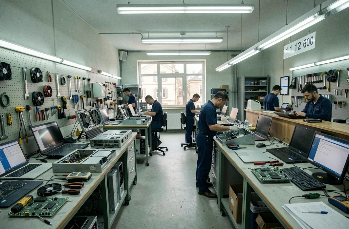 Atelier de réparation informatique professionnel dans l'Oise avec plusieurs techniciens travaillant sur des ordinateurs