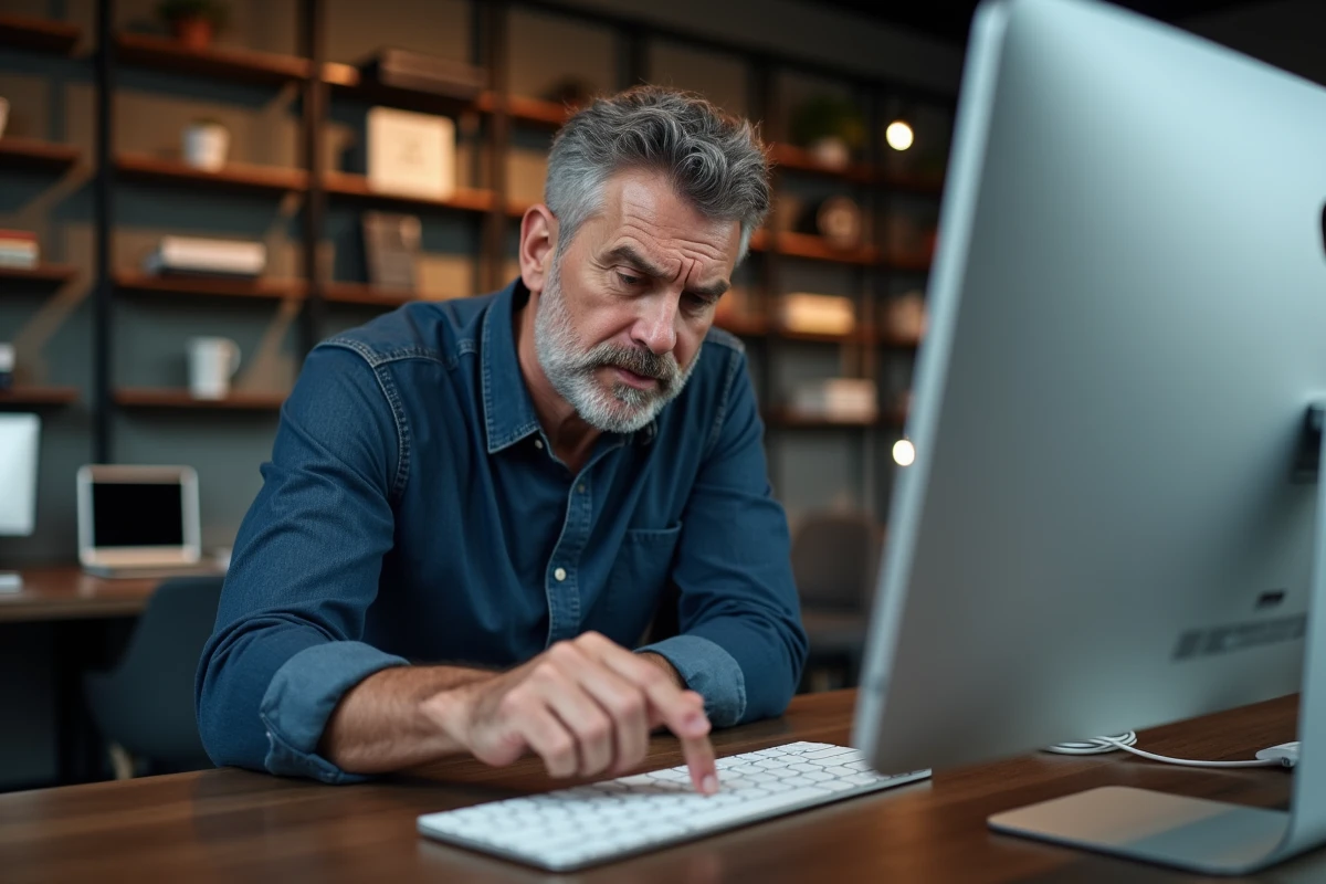 Homme indiquant la touche Shift sur un clavier Apple Magic Keyboard dans un espace de travail moderne