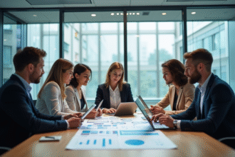 Réunion de bureau moderne avec professionnels collaborant