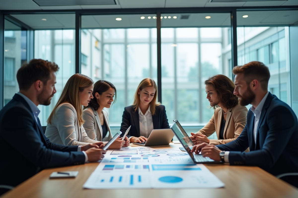Réunion de bureau moderne avec professionnels collaborant
