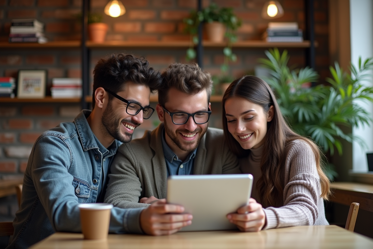 Trois jeunes professionnels discutant dans un café cosy