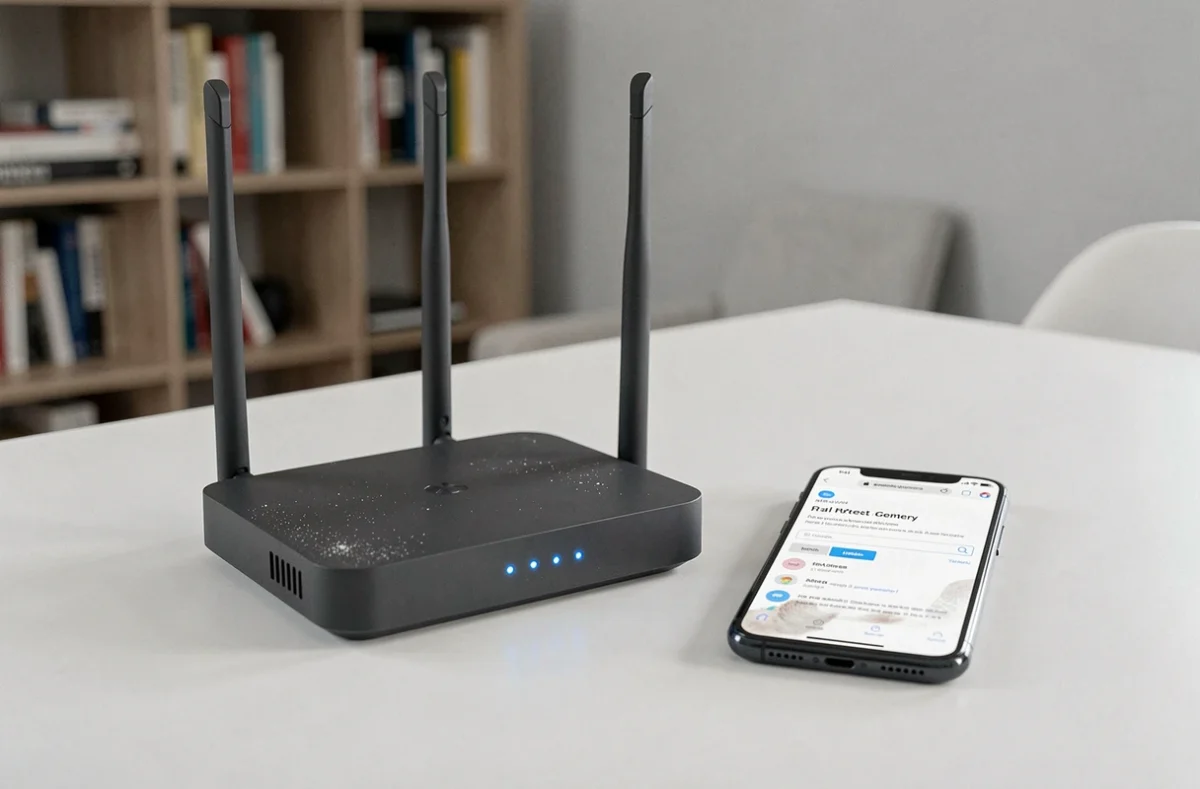 Routeur Wi-Fi domestique moderne posé sur un bureau blanc avec un smartphone affichant les paramètres réseau local