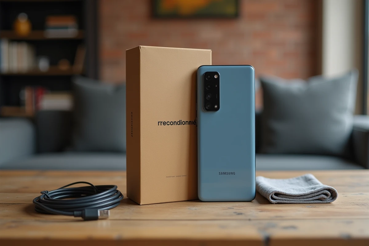 Samsung Galaxy A25 reconditionné posé avec sa boîte et ses accessoires sur une table en bois