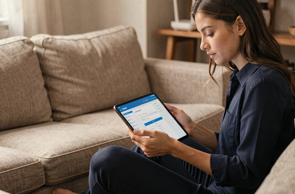 Jeune femme modifiant le mot de passe de son réseau Wi-Fi depuis une tablette pour sécuriser sa connexion domestique