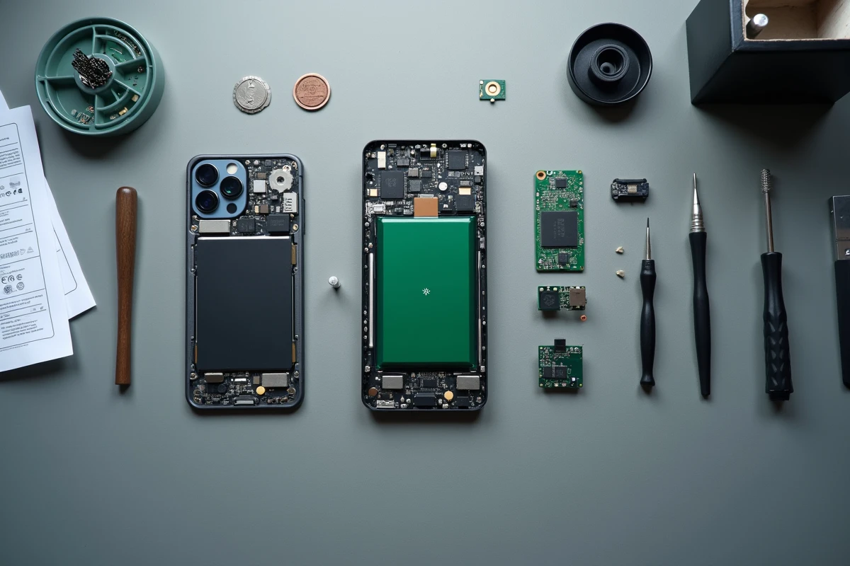 Vue en plongée d'un smartphone désassemblé avec ses composants internes sur un plan de travail de réparation téléphone