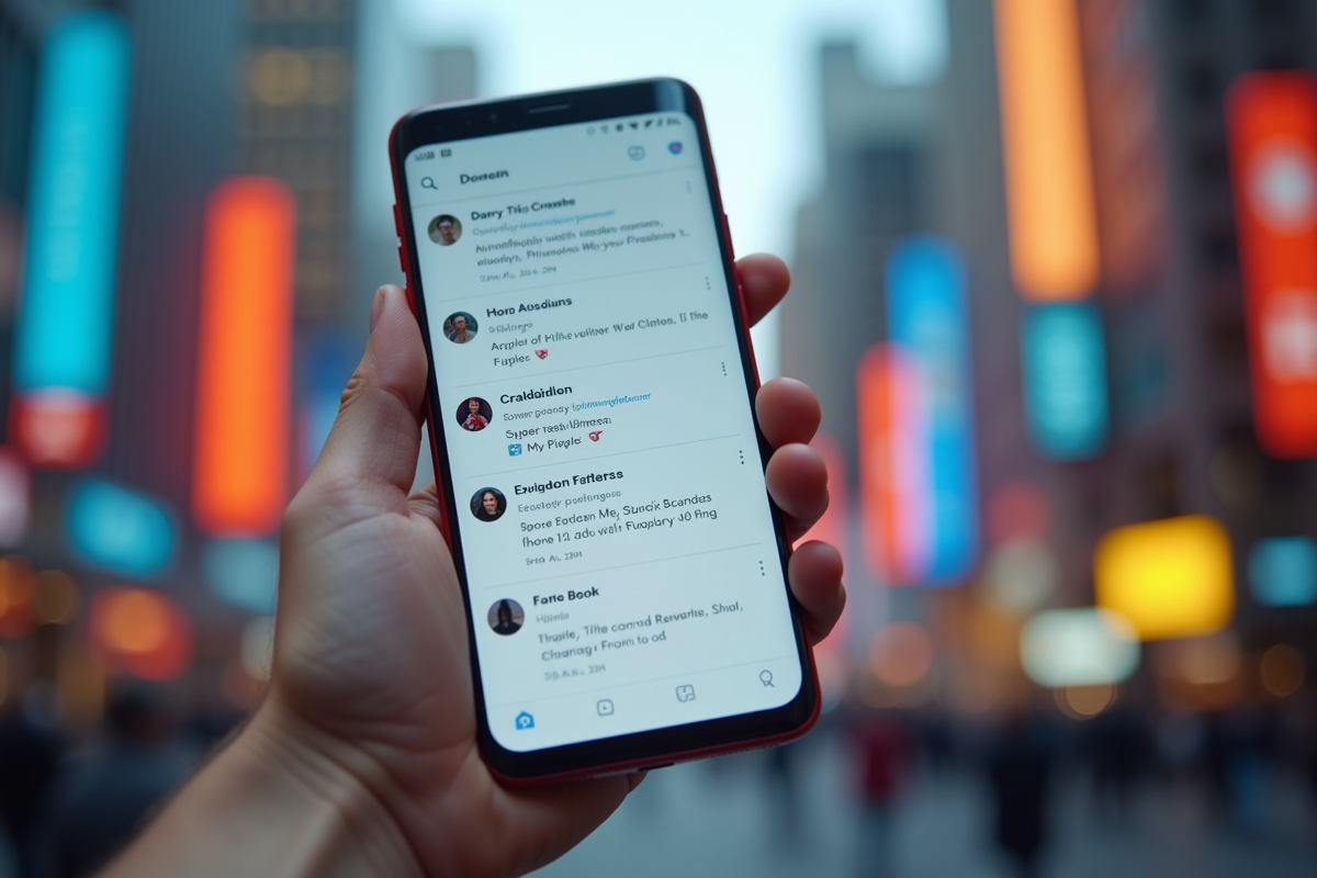 Smartphone en main affichant une application de reseau social avec ville en arriere plan