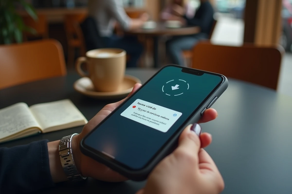 Écran de smartphone affichant une barre de progression de téléchargement vidéo et une notification de conditions d'utilisation