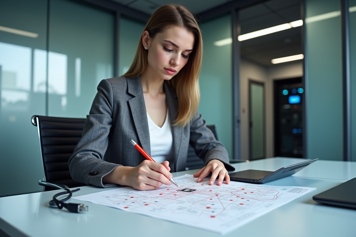 Jeune femme spécialiste cybersécurité annotant un diagramme réseau