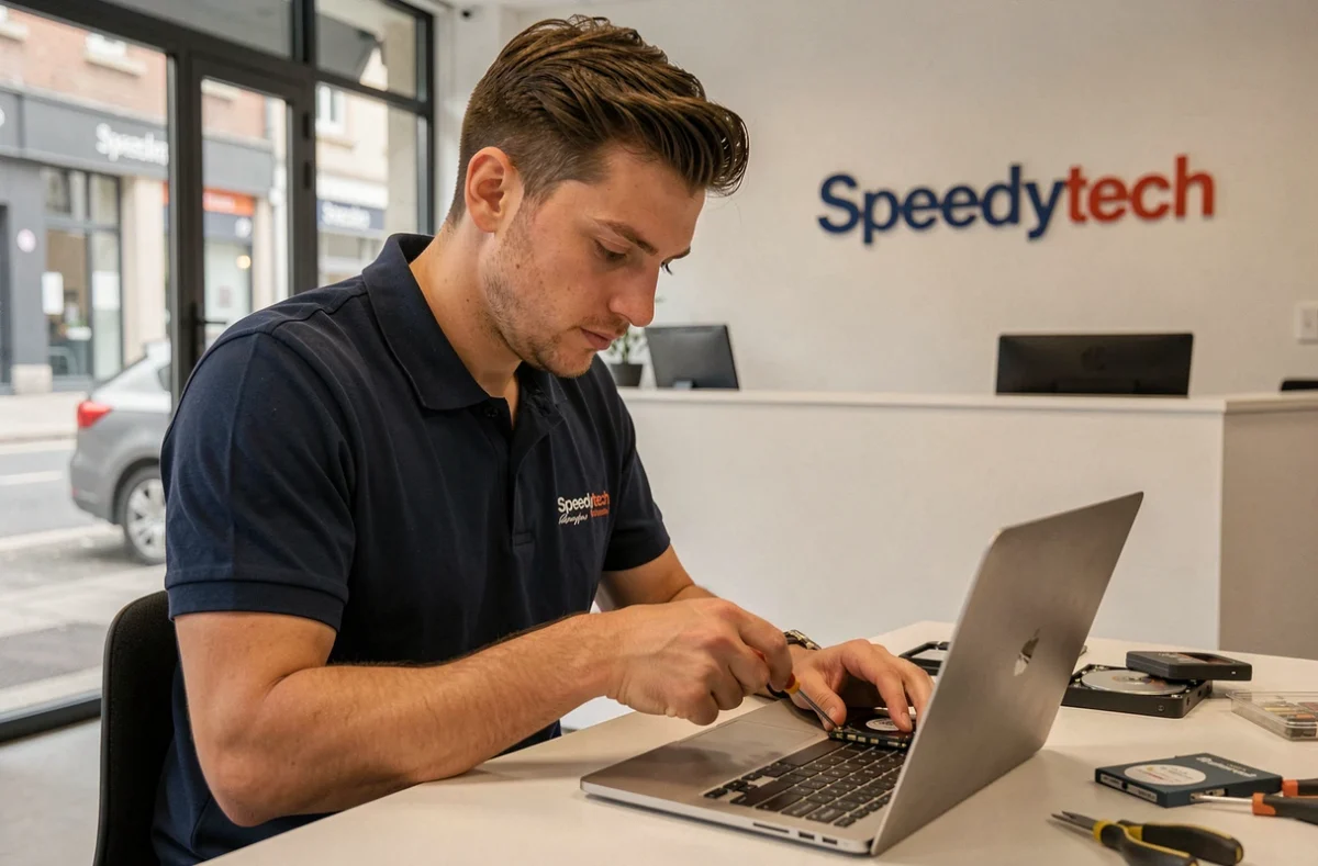 Technicien du réparateur Speedytech à Nanterre extrayant un disque dur d'un ordinateur portable sur un comptoir professionnel