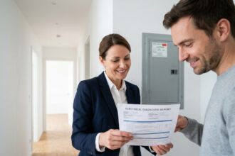 Gestionnaire immobilière présentant un dossier de diagnostics techniques à un futur locataire dans un couloir d'appartement moderne