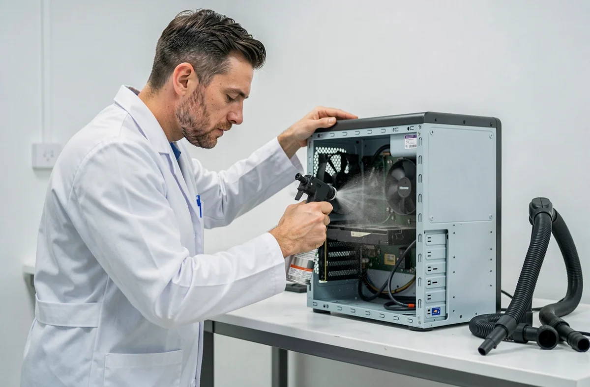 Technicien de Tech-Cleaner nettoyant l'intérieur d'un ordinateur de bureau avec de l'air comprimé à Asnières-sur-Seine