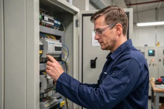 Technicien configurant un automate dans une armoire de commande industrielle