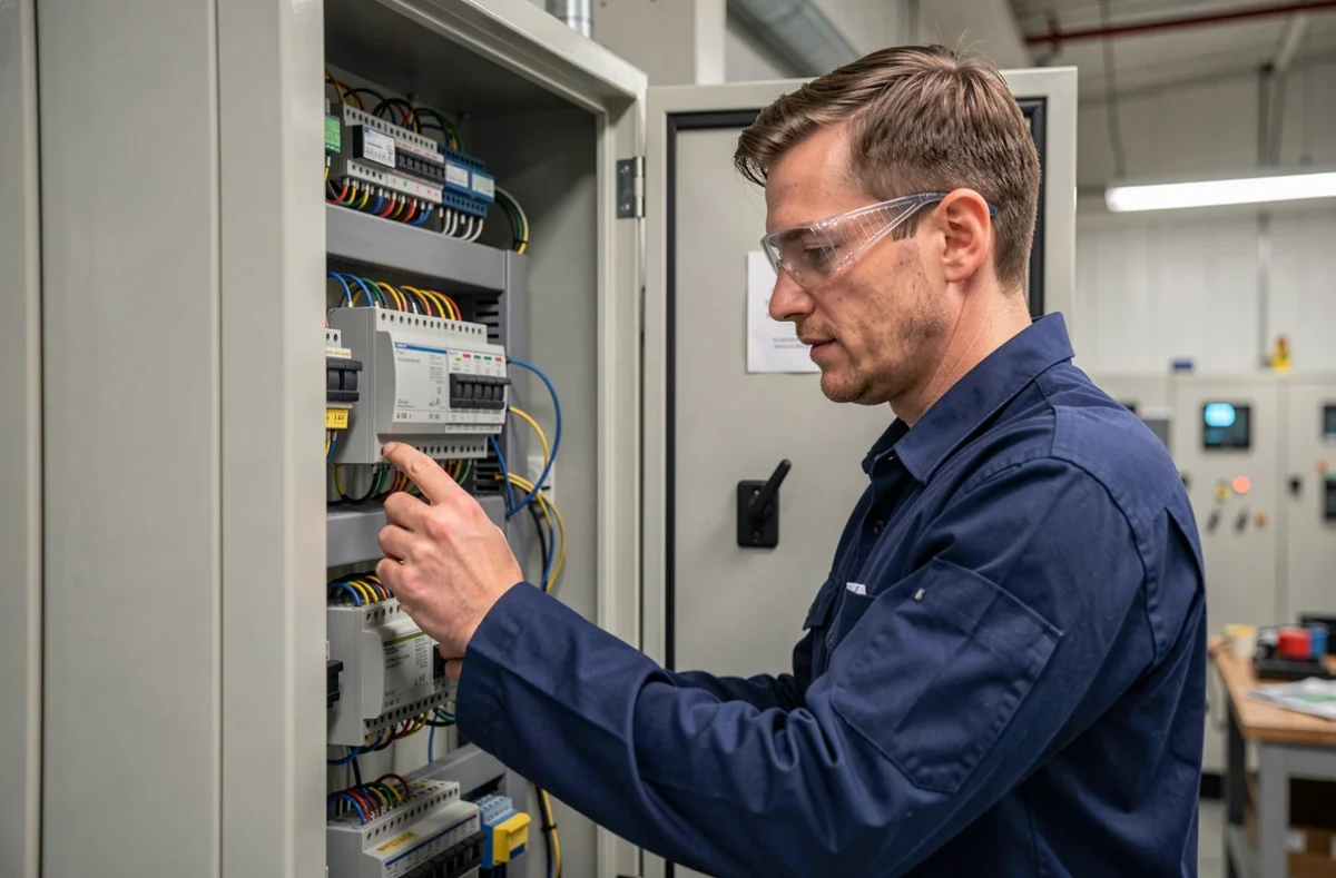 Technicien configurant un automate dans une armoire de commande industrielle