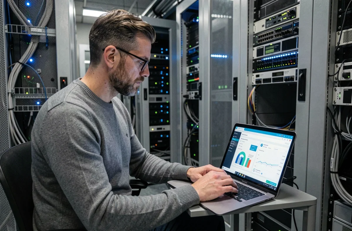 Technicien informatique analysant un tableau de bord de protection des données RGPD dans une salle de serveurs