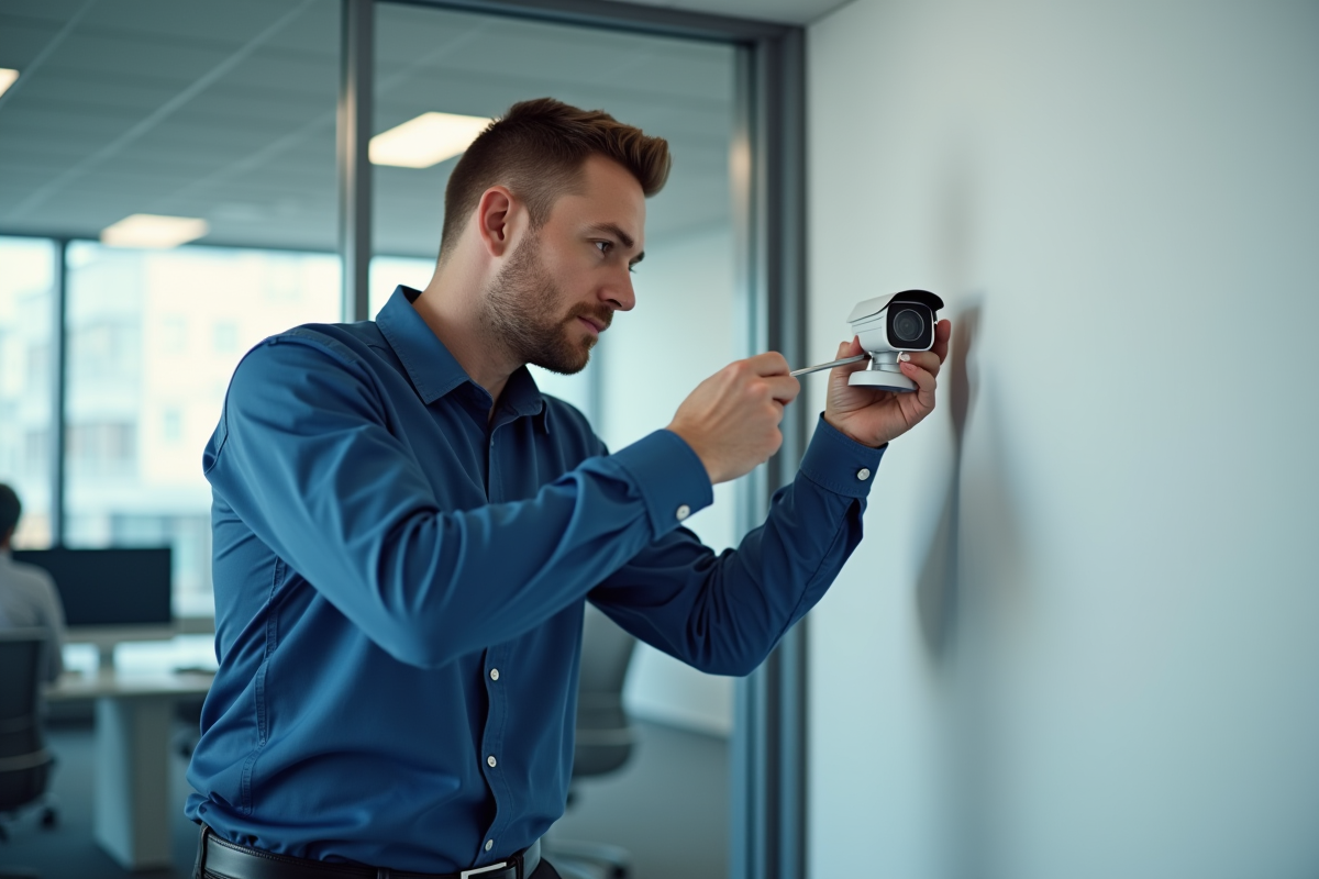 Technicien sécurité installant une caméra de surveillance en bureau