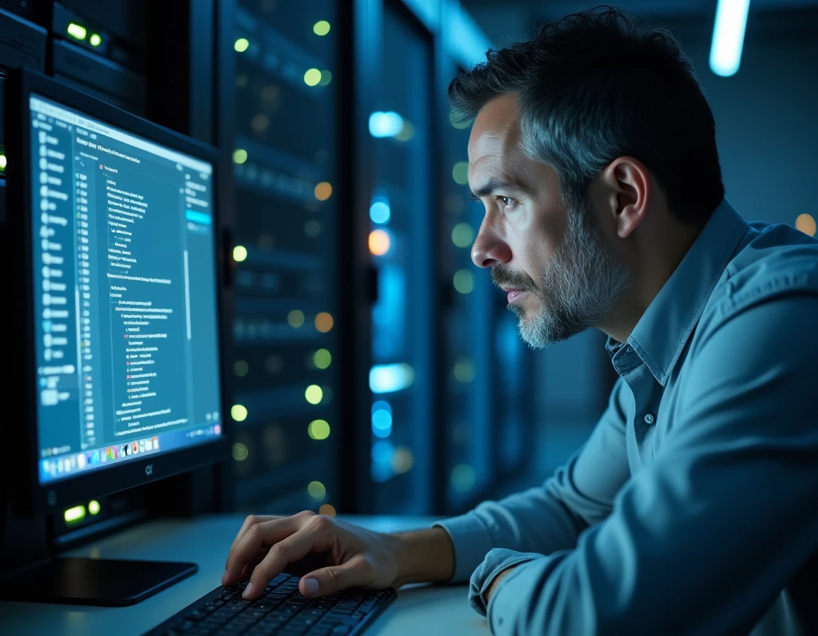 Technicien informatique configurant un serveur de messagerie professionnelle dans une salle serveurs à Metz ou Nancy