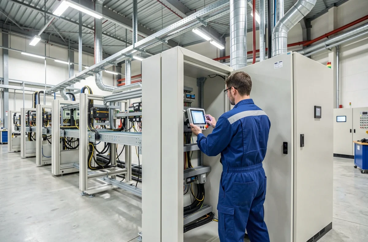 Technicien vérifiant une armoire électrique devant une ligne de production automatisée