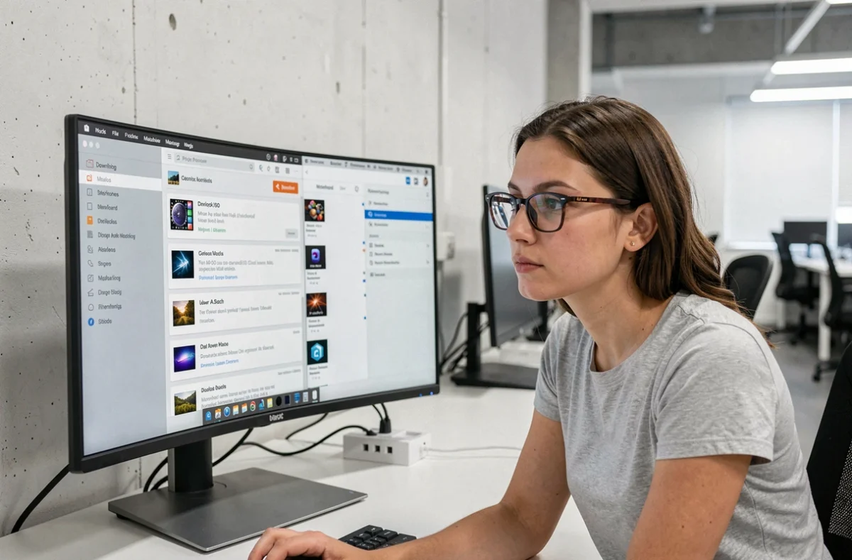 Femme téléchargeant un fichier ISO macOS sur un grand écran ultrawide dans un espace de coworking