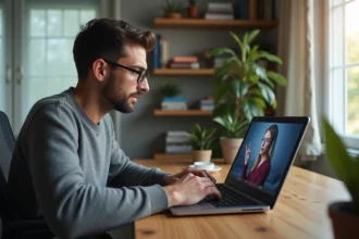 Homme utilisant un laptop pour télécharger des vidéos en ligne depuis son bureau à domicile