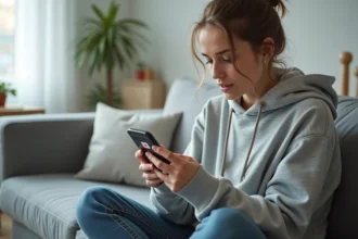 Jeune femme téléchargeant une vidéo YouTube sur son smartphone Android depuis un canapé