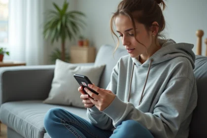 Jeune femme téléchargeant une vidéo YouTube sur son smartphone Android depuis un canapé