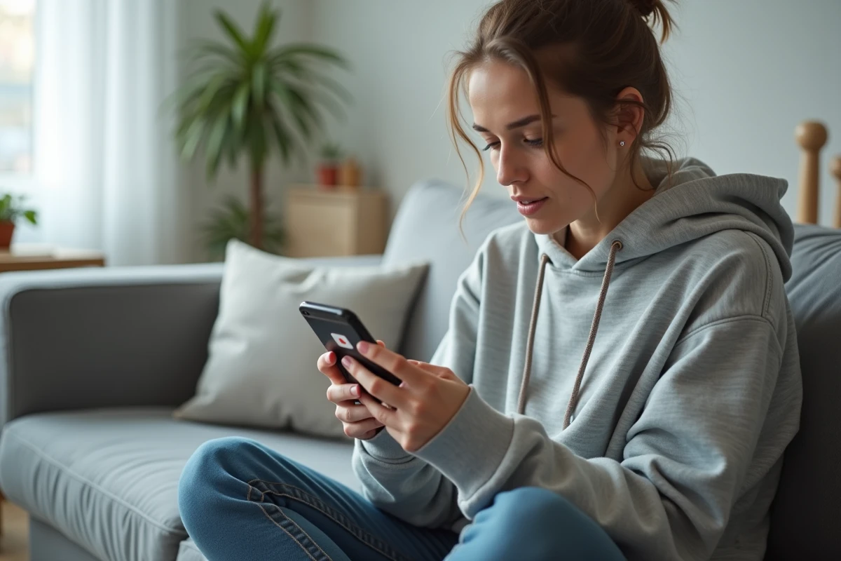 Jeune femme téléchargeant une vidéo YouTube sur son smartphone Android depuis un canapé