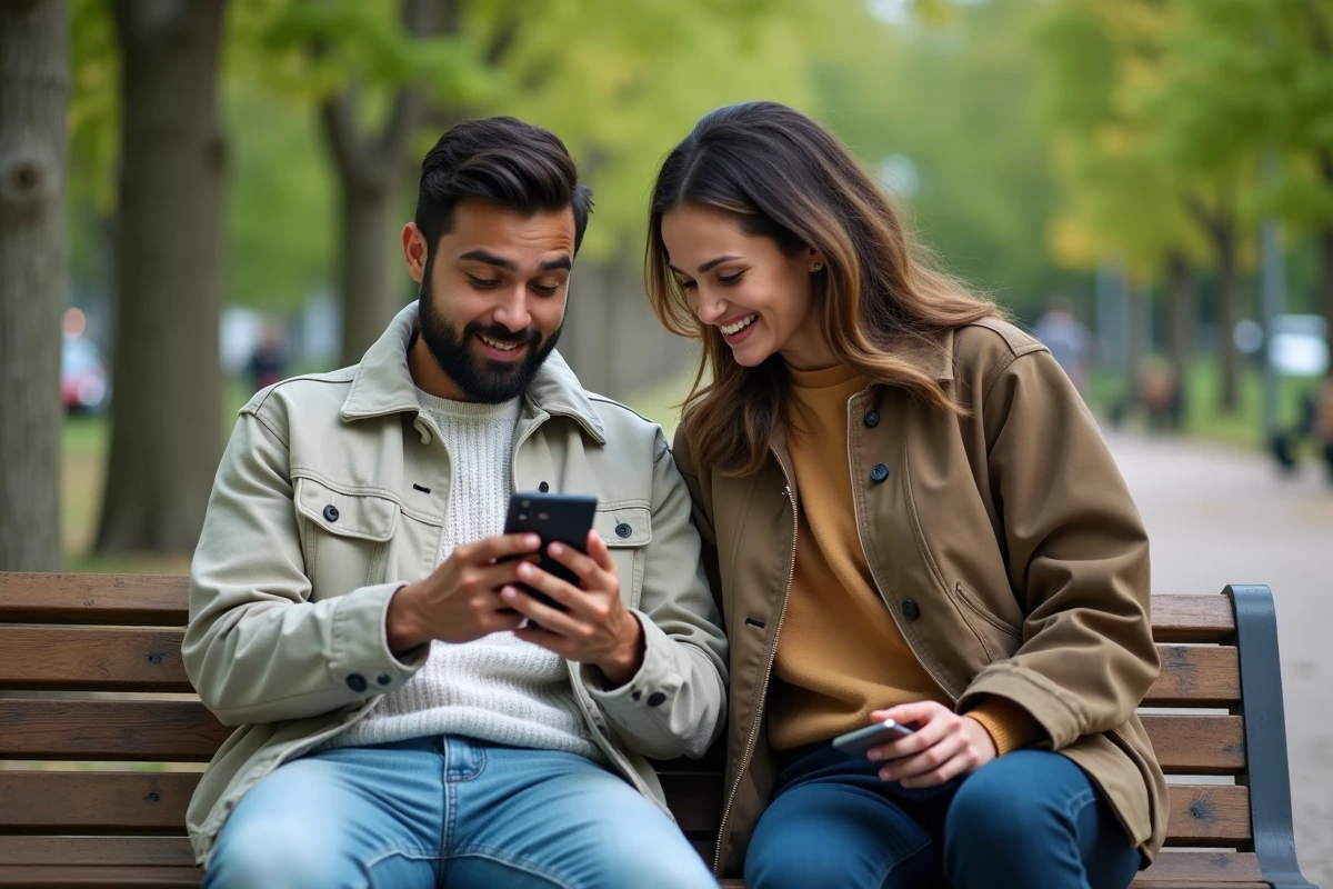 Deux amis consultant une application de téléchargement YouTube sur smartphone dans un parc urbain