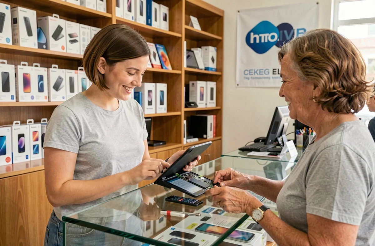 Technicienne de Top o Clic montrant une réparation de tablette à une cliente dans la boutique
