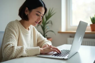 Femme utilisant la touche Shift sur un clavier Mac MacBook Pro avec son petit doigt