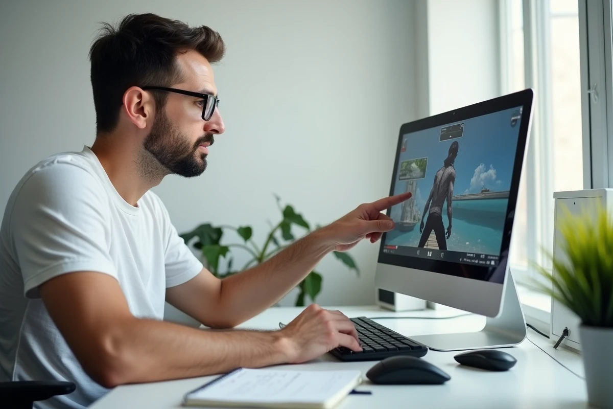 Gamer étudiant un tutoriel de barrel roll sur ordinateur portable dans un bureau minimaliste