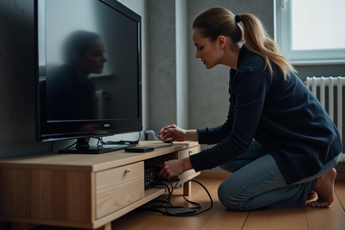 Femme vérifiant les câbles et la box fibre derrière une télévision pour résoudre l'erreur L11-09