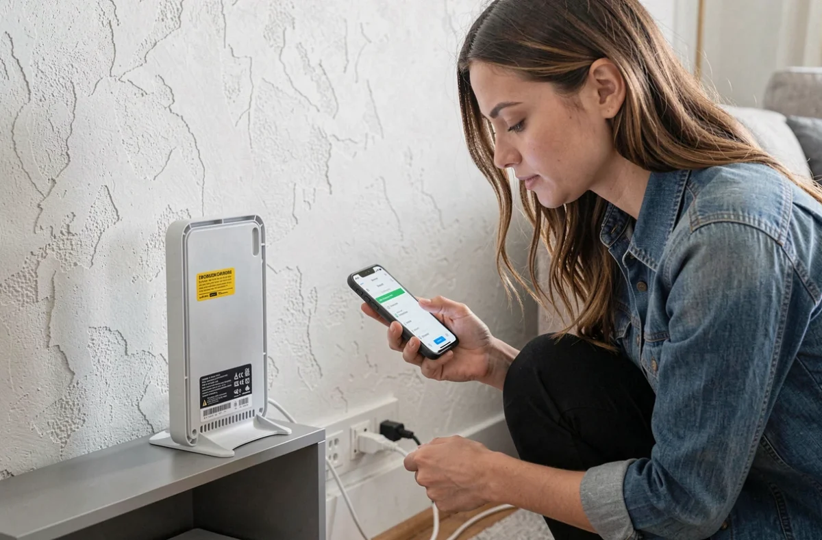 Femme vérifiant l'étiquette d'un routeur Wi-Fi pour retrouver l'adresse IP par défaut