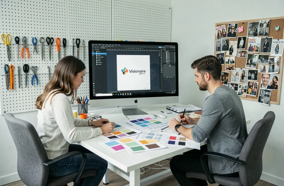 Duo créatif de Visionaire travaillant sur une identité de marque dans un studio de design lumineux