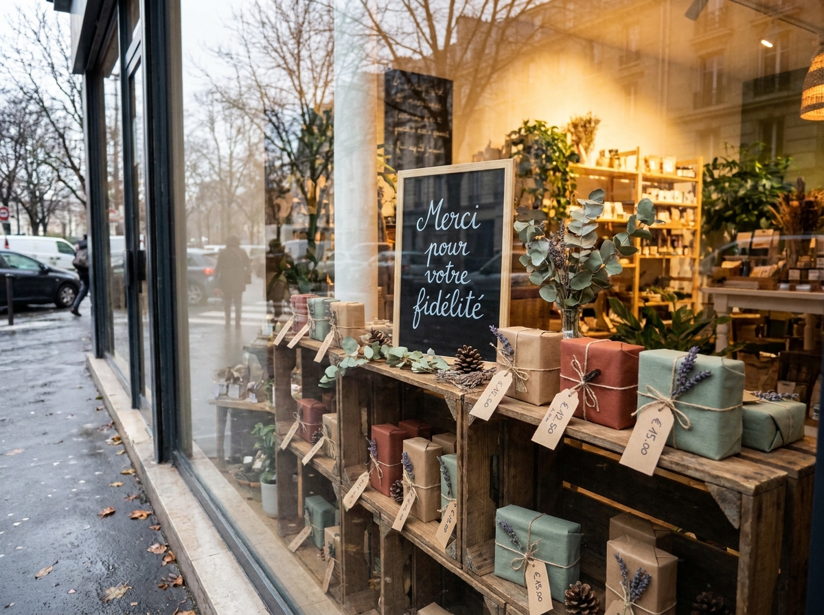 Vitrine de commerce de santé décorée pour la fin d'année avec un message de fidélisation artisanal