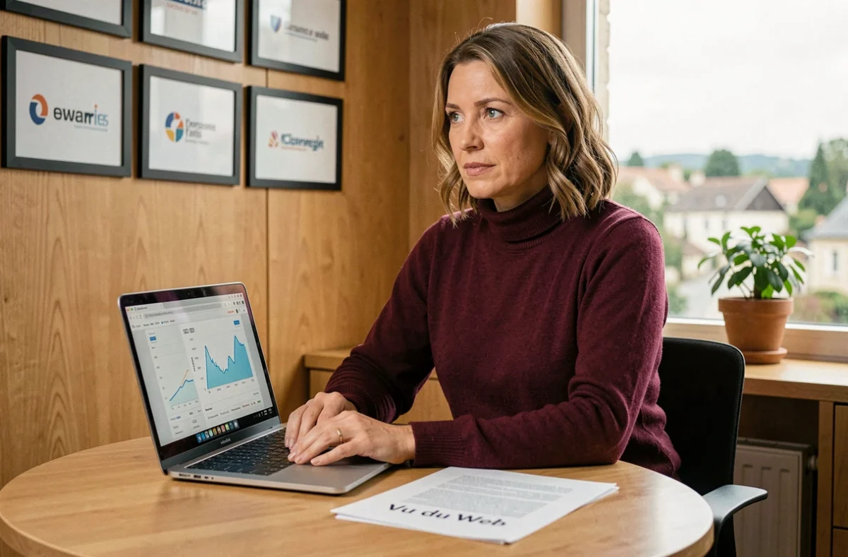 Stratège web de Vu du Web analysant des données SEO dans un bureau chaleureux avec vue sur une ville de la Loire