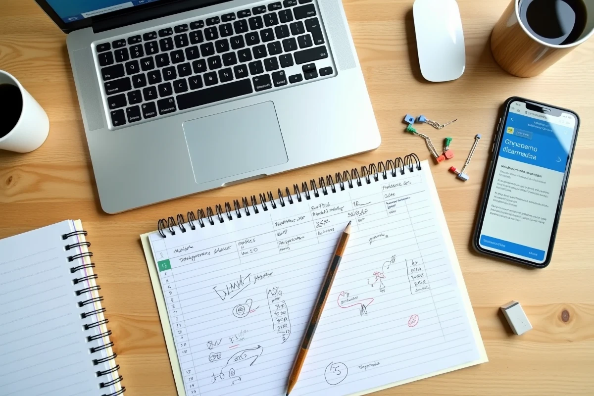 Vue aérienne d'un bureau avec ordinateur portable Excel, notes manuscrites et annotations de formules avec cellules figées