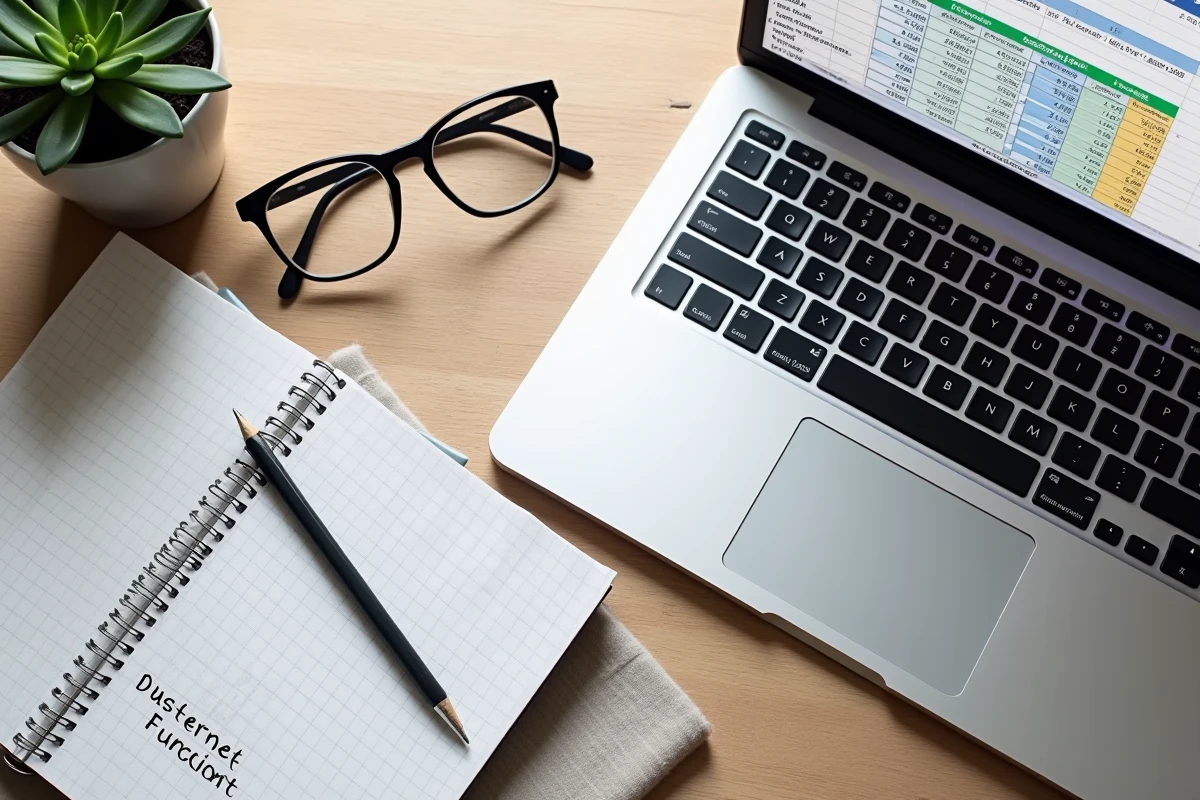 Vue aérienne d'un ordinateur portable avec un tableau Excel affichant des doublons à supprimer et des notes manuscrites de formules