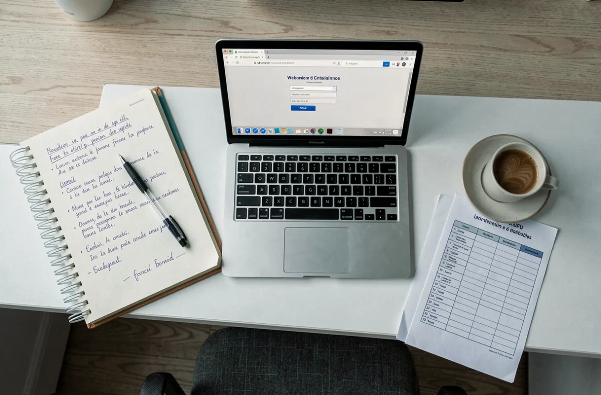 Vue de dessus d'un bureau avec ordinateur affichant la connexion au webmail ac-versailles, cahier de notes et agenda scolaire