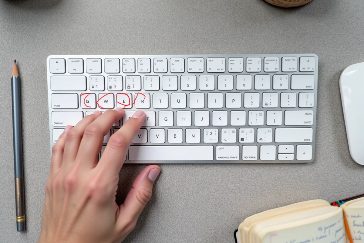 Vue de dessus du clavier Magic Keyboard Apple avec la touche Shift mise en évidence par un cercle rouge