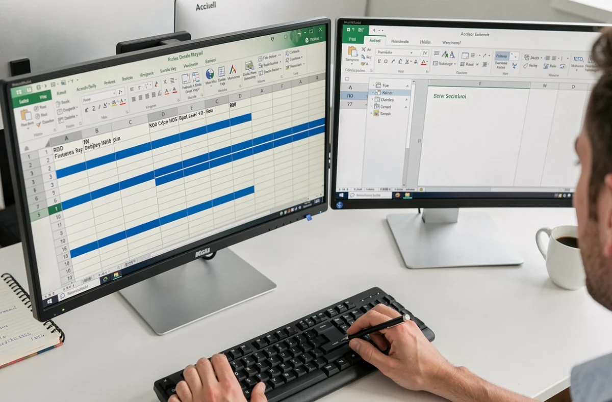 Vue en plongée d'un double écran affichant une feuille Excel avec des lignes vides surlignées et la barre d'outils ruban visible pour la suppression