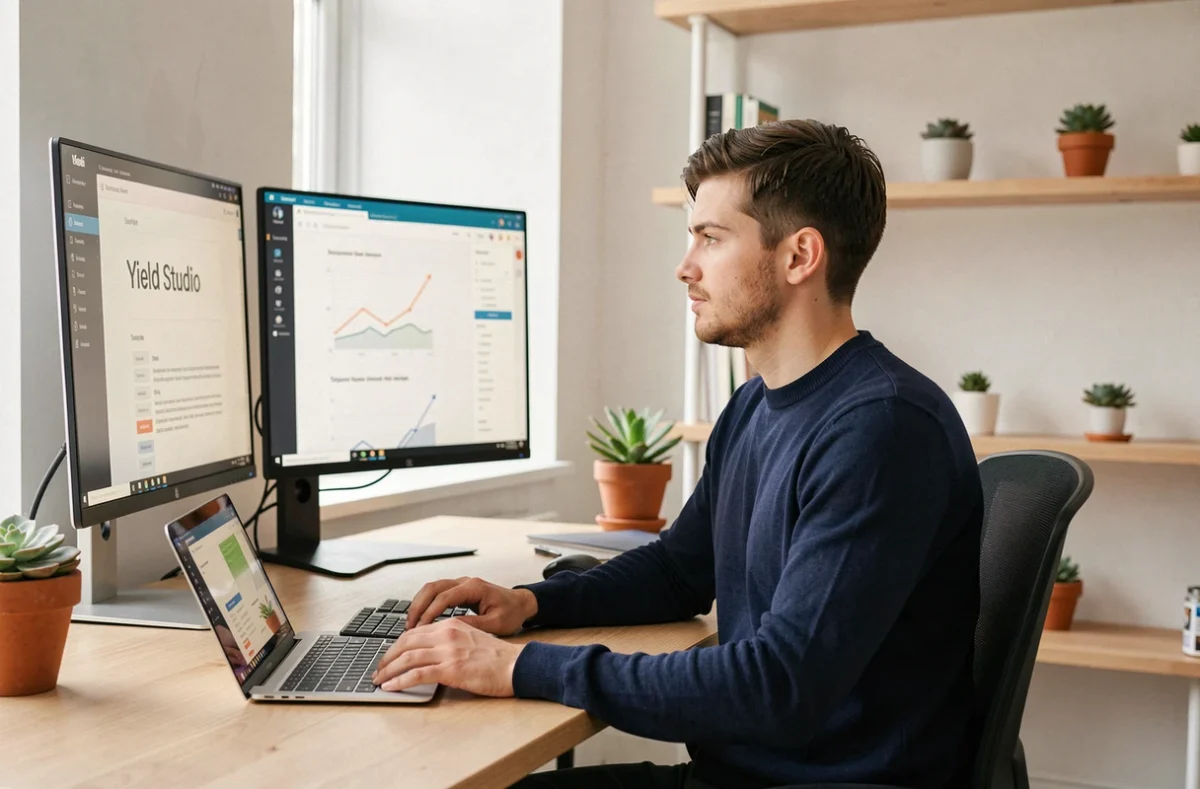 Développeur web de Yield Studio travaillant sur une interface utilisateur épurée dans un bureau minimaliste